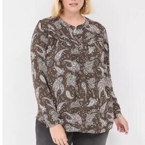 Lane Bryant Olive Paisley Top Womens Size 16 Pintucked Popover Boho Blouse XL
